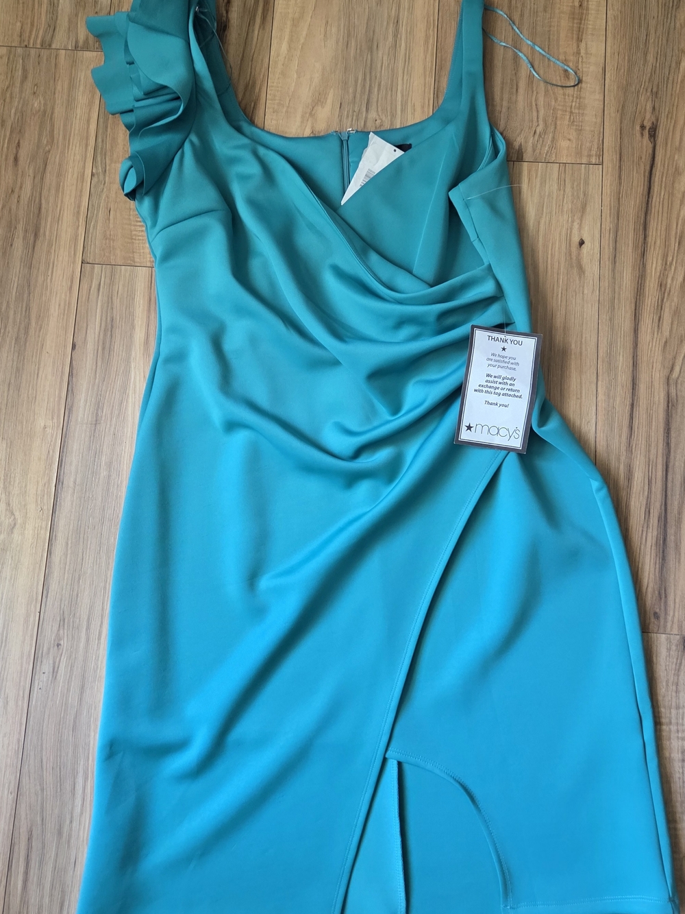 Macy's Turquoise One-Shoulder Ruffle Wrap Dress